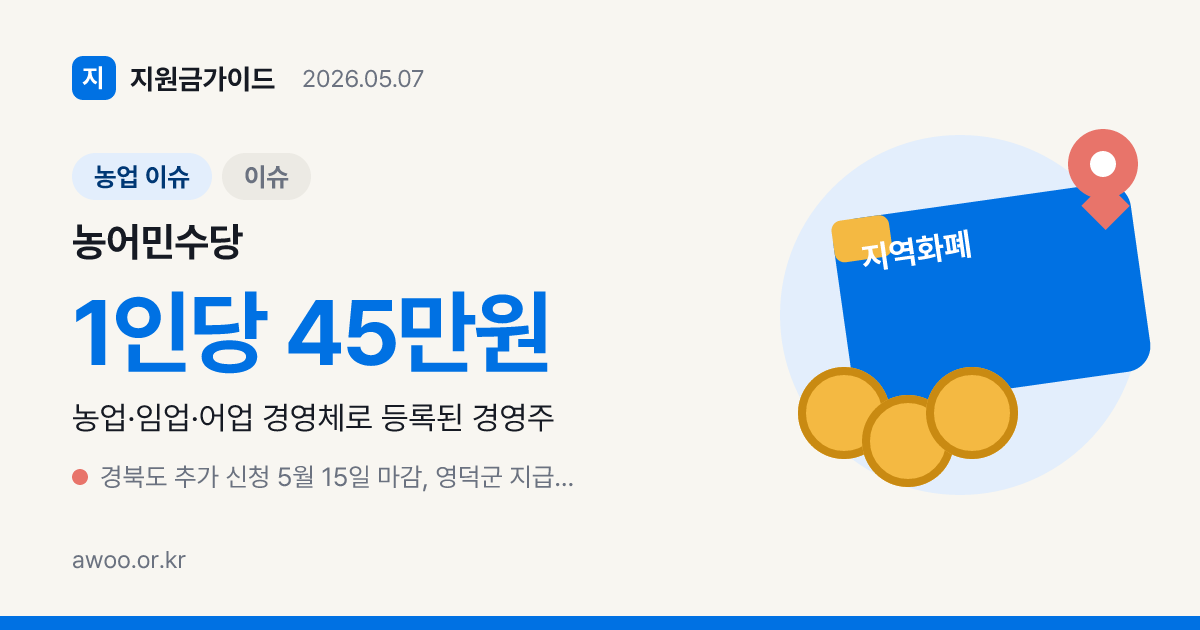 2026년 농어민수당 청양·경북·영천·영덕 신청 자격과 지급 일정