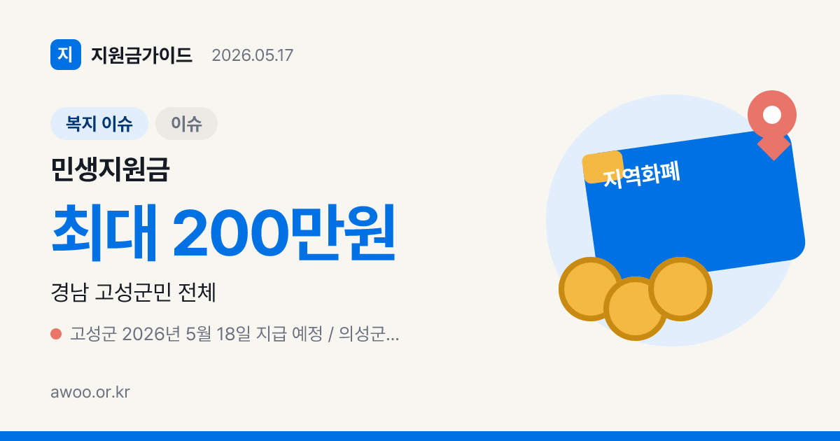 고성군 민생활력지원금 1인 30만원, 의성군 최대 200만원 5월 지급