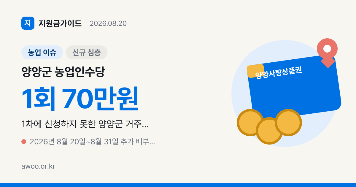 양양군 농업인수당 2차 74농가 70만원, 8월 31일까지 추가 배부